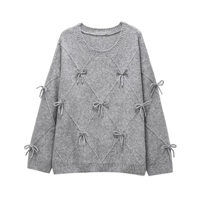 Women's Round Neck Knitted Sweater - Long Sleeve Top with Sweet Bow Detail Lumenhaus Collective