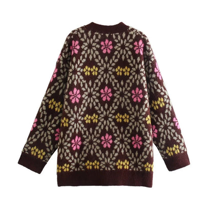 Stevie Women's V-Neck Jacquard Sweater Cardigan - Floral Print Loose Fit Outerwear Lumenhaus Collective