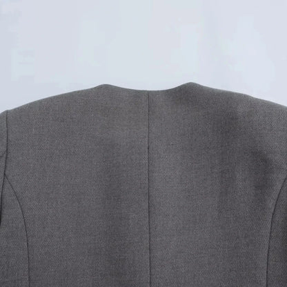 Zaya Women's Gray Collarless Suit Jacket - Cropped Long Sleeve Top Lumenhaus Collective