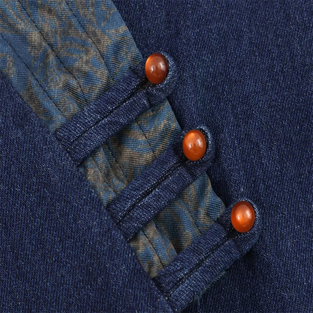 Kori Women's Navy Kimono Style Jacket - Contrast V-Neck & Cuffs | Denim Effect Coat Lumenhaus Collective
