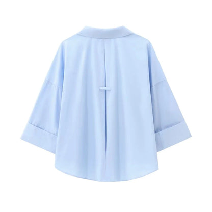 Women's Loose Poplin Shirt - Wide Curled Sleeve Cotton Blend Blouse Lumenhaus Collective