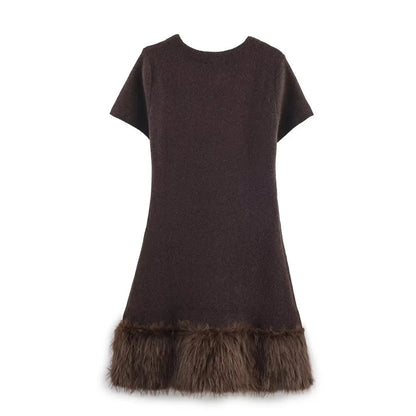 Women's Long Sleeve Knit Dress - Slim Fit with Faux Fur Trim (Brown) Lumenhaus Collective