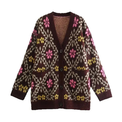 Stevie Women's V-Neck Jacquard Sweater Cardigan - Floral Print Loose Fit Outerwear Lumenhaus Collective