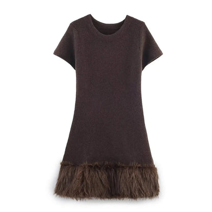 Women's Long Sleeve Knit Dress - Slim Fit with Faux Fur Trim (Brown) Lumenhaus Collective