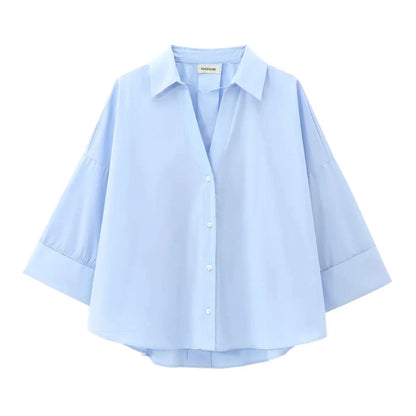 Women's Loose Poplin Shirt - Wide Curled Sleeve Cotton Blend Blouse Lumenhaus Collective
