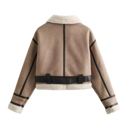Women's Faux Shearling Short Jacket - Loose Fit Flip Collar Fall Winter Coat Lumenhaus Collective