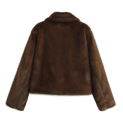 Women's Faux Fur Brown Lapel Jacket - Long Sleeve Coat for Fall & Winter Lumenhaus Collective