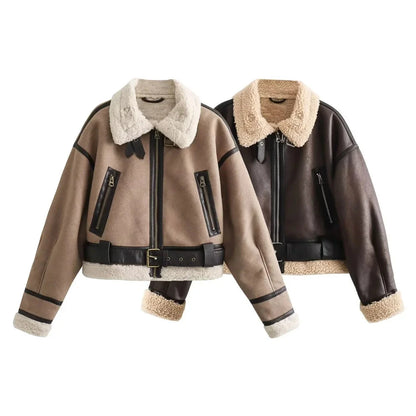 Women's Faux Shearling Short Jacket - Loose Fit Flip Collar Fall Winter Coat Lumenhaus Collective