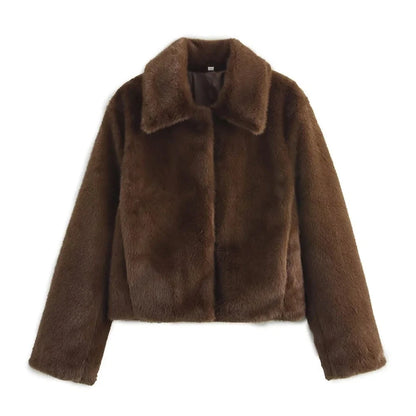 Women's Faux Fur Brown Lapel Jacket - Long Sleeve Coat for Fall & Winter Lumenhaus Collective