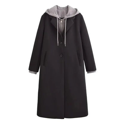 Women’s Long Black Coat with Gray Hoodie – Casual Winter Overcoat for Everyday Style Lumenhaus Collective
