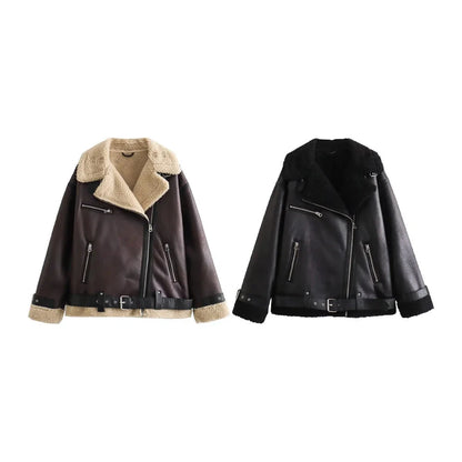 Women's Biker Jacket Reversible Faux Leather- Loose Fit Moto Coat with Belt Lumenhaus Collective