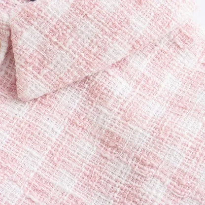 Ella Women's Pink Checkered Tweed Cropped Jacket - Lapel Button Pocket Outerwear Lumenhaus Collective