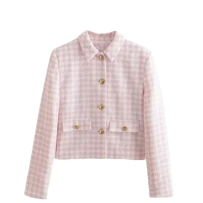 Ella Women's Pink Checkered Tweed Cropped Jacket - Lapel Button Pocket Outerwear Lumenhaus Collective