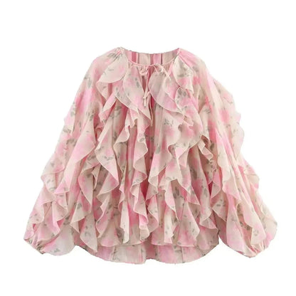Chanelle Women's Floral Ruffle Blouse - Pink Loose Fit Long Sleeve Spring/Summer Top Lumenhaus Collective