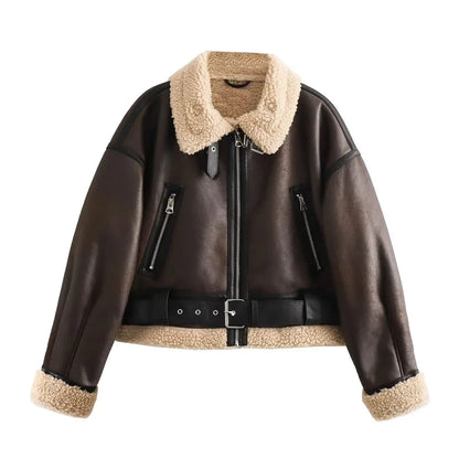 Women's Faux Shearling Short Jacket - Loose Fit Flip Collar Fall Winter Coat Lumenhaus Collective