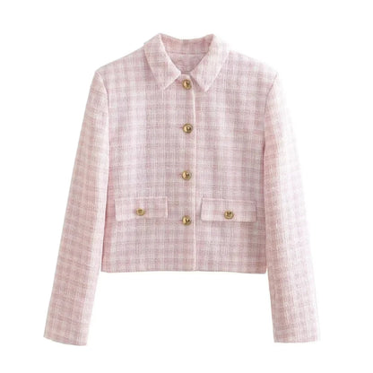 Ella Women's Pink Checkered Tweed Cropped Jacket - Lapel Button Pocket Outerwear Lumenhaus Collective