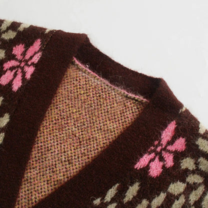 Stevie Women's V-Neck Jacquard Sweater Cardigan - Floral Print Loose Fit Outerwear Lumenhaus Collective