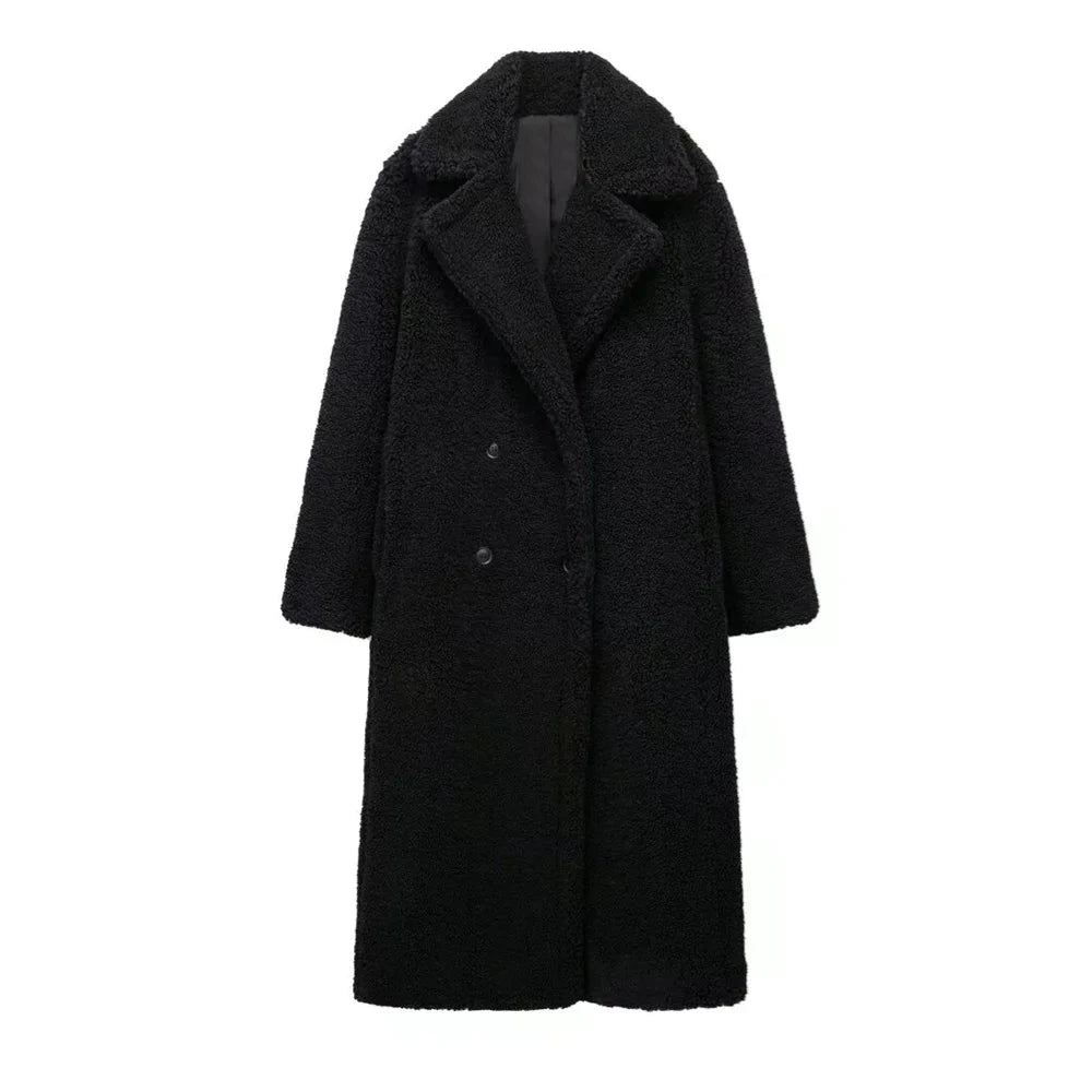Women's Loose Fit Lambswool Fleece Coat - Button-Front Sherpa Long Jacket Lumenhaus Collective